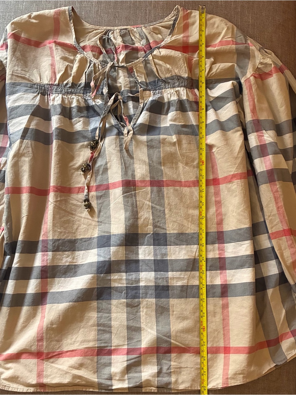 Plaid Tie-Neck Blouse in Cream, Blue & Pink